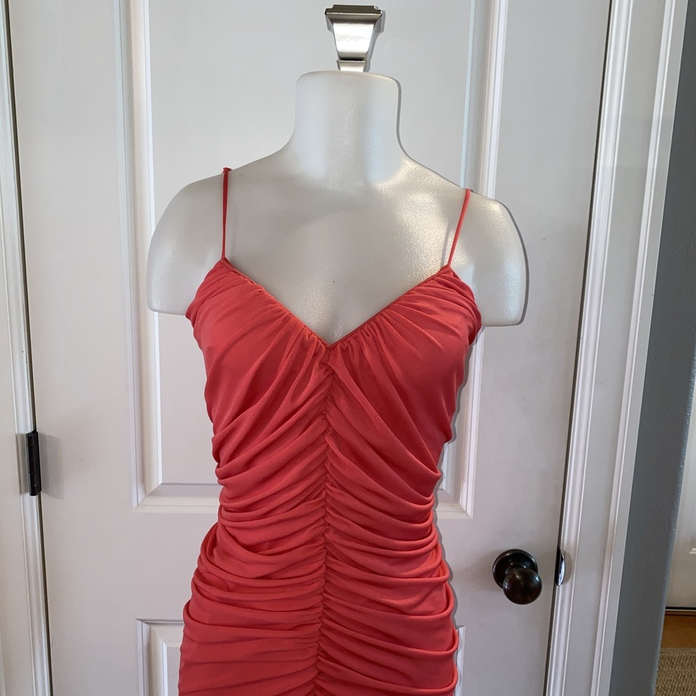 Halston Heritage Ruched Front Stretch Knit Dress Size S Spaghetti‎ Strap - Picture 2 of 13